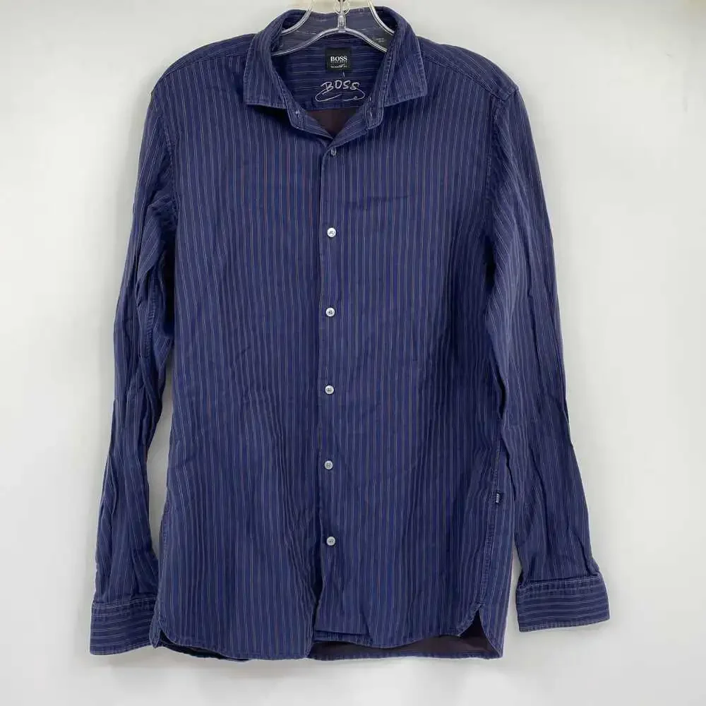 Boss Blue Striped Cotton Button-Down Shirt | Men’s M Regular